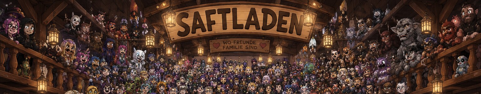 Saftladen-Gildenfoto: die gesamte Gilde chibi-gezeichnet in der Gildenhalle unter dem Schild "Saftladen — wo Freunde Familie sind"